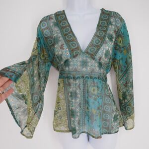 Rave Blouse Womens M Blue Kimono V-Neck Long Sleeve Beaded Chiffon Tie